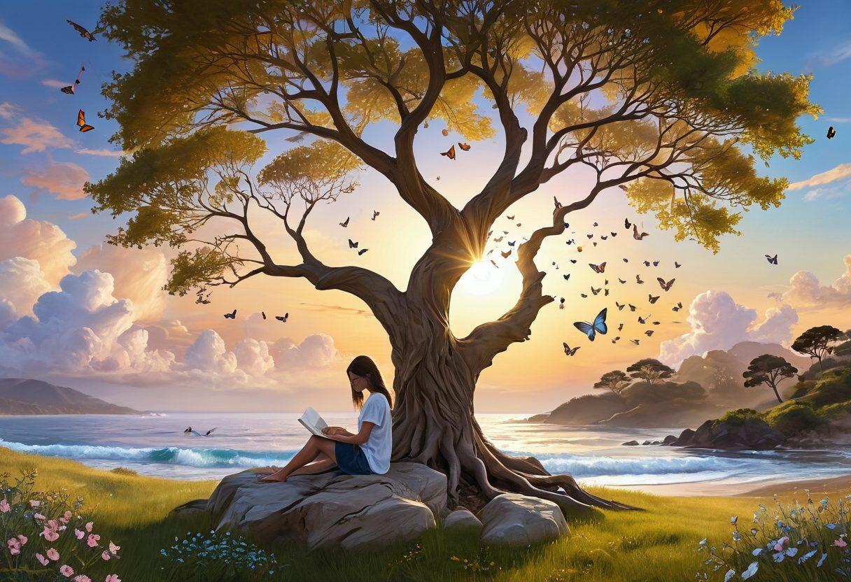 A serene landscape depicting a thoughtful INFP character sitting under a large tree, journaling their emotions. Surrounding them are soft, floating elements symbolizing feelings: clouds shaped like hearts, butterflies representing transformation, and gentle waves flowing in the background. The scene is bathed in warm, golden light to evoke introspection and creativity. super-realistic. vibrant colors. peaceful atmosphere.
