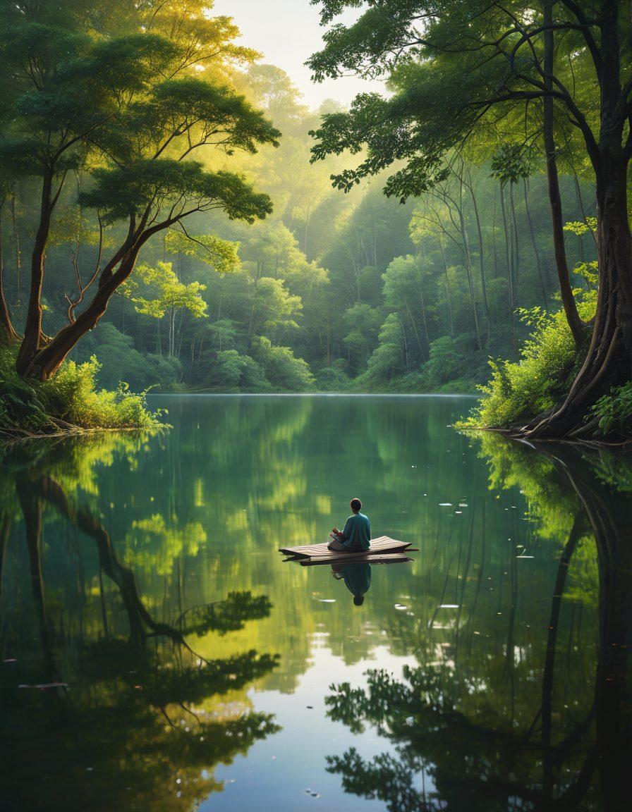 A serene landscape featuring a tranquil lake surrounded by lush forests, with a figure sitting at the water's edge, pen in hand, contemplating their reflections both literally and metaphorically. Ethereal light filtering through the trees enhances the sense of introspection and creativity. Incorporate symbols of creativity, like floating ink droplets and glowing pages in the air. dreamy. vibrant colors. 3D.