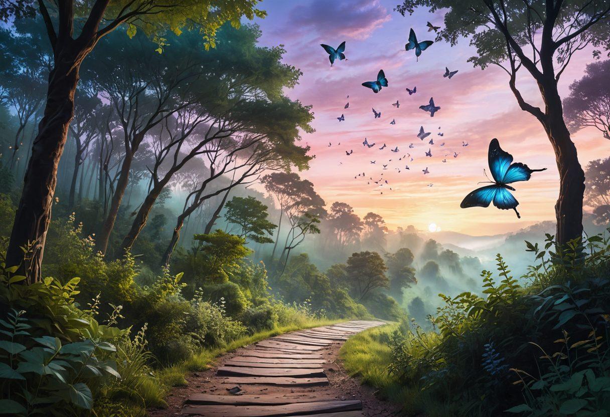 A serene landscape depicting a winding path through a lush forest, symbolizing the journey of self-discovery. Along the path, ethereal butterflies and soft glowing lightsrepresent insights into the personality type INFP. In the sky, soft pastel hues create a calming atmosphere, inviting exploration and reflection. A silhouette of a contemplative figure gazes towards the horizon, embodying the quest for understanding one’s inner self. dreamy, vibrant colors, super-realistic.